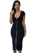 Sexy Black Gold Zipper Front Short Sleeves Midi Dress